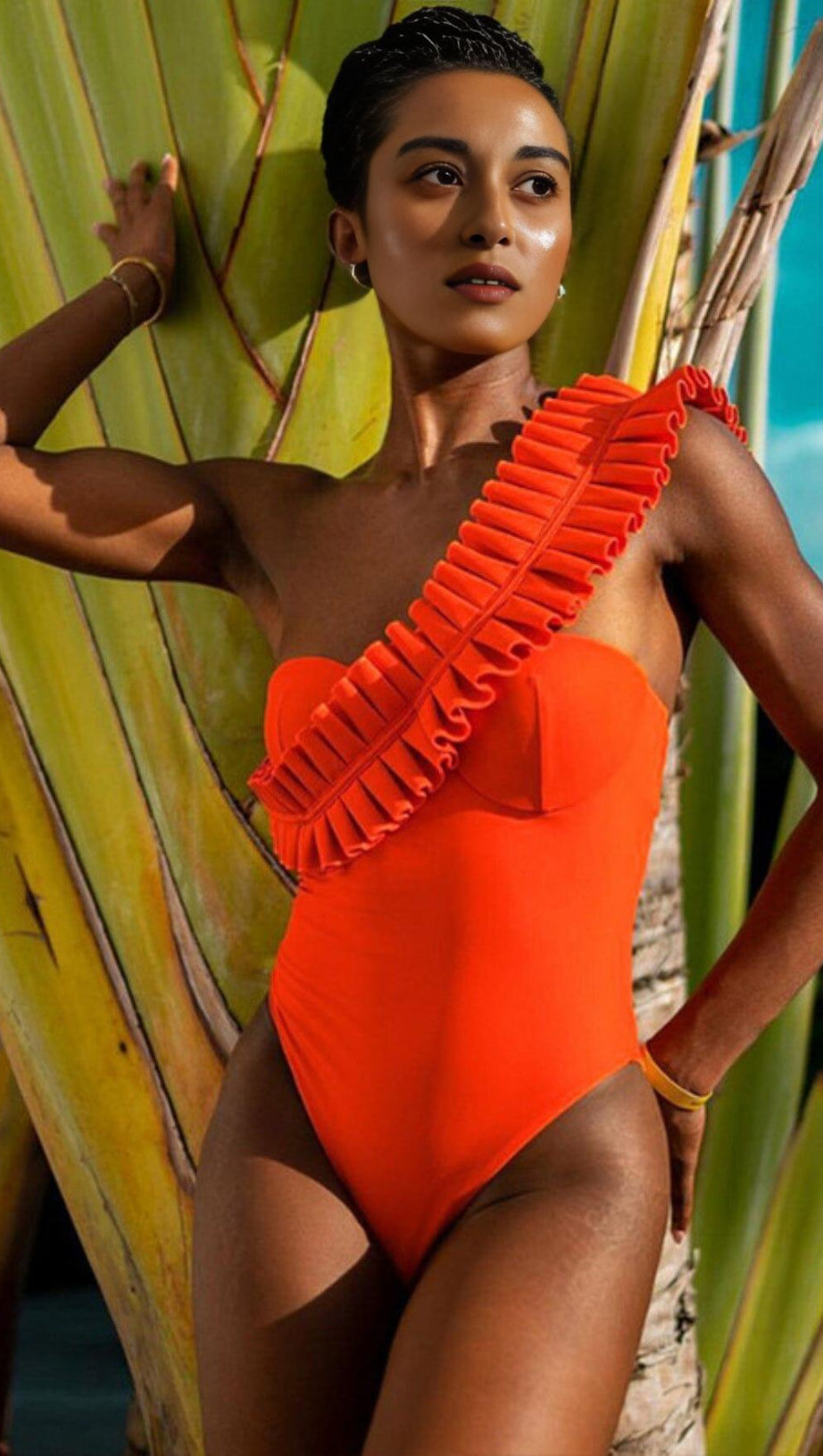 ONE SHOULDER RUFFLE ONE PIECE ORANGE SWIMSUIT