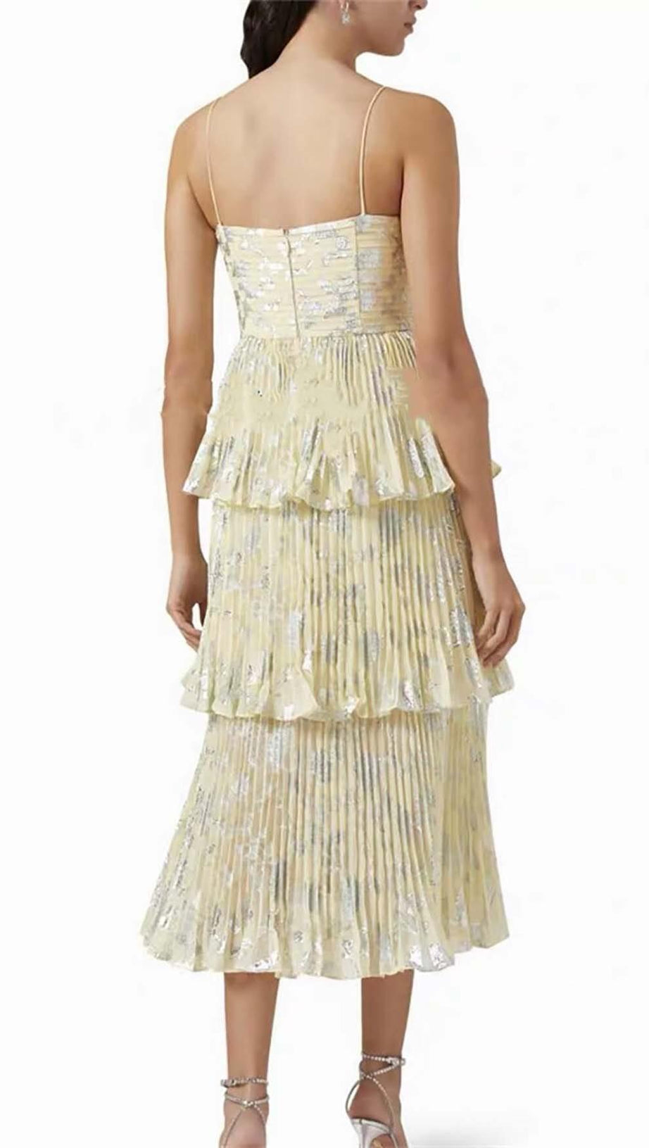 JACQUARD TIERED MIDI DRESS IN GRAY