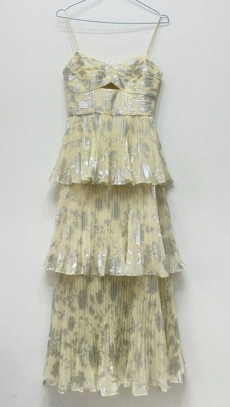 JACQUARD TIERED MIDI DRESS IN GRAY