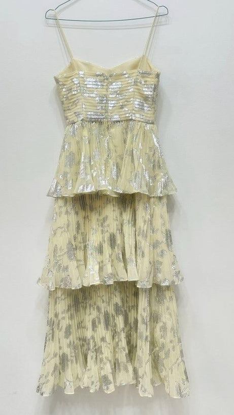 JACQUARD TIERED MIDI DRESS IN GRAY