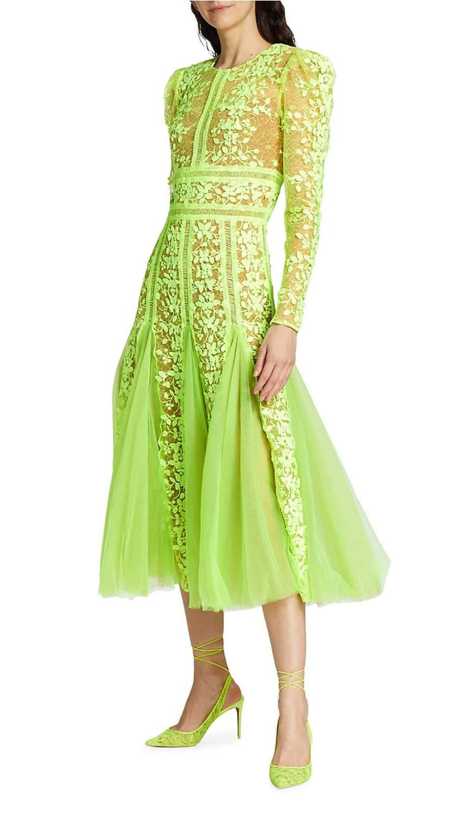 LACE PLATED MIDI DRESS IN GREEN