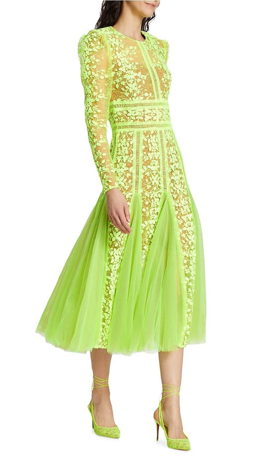 LACE PLATED MIDI DRESS IN GREEN