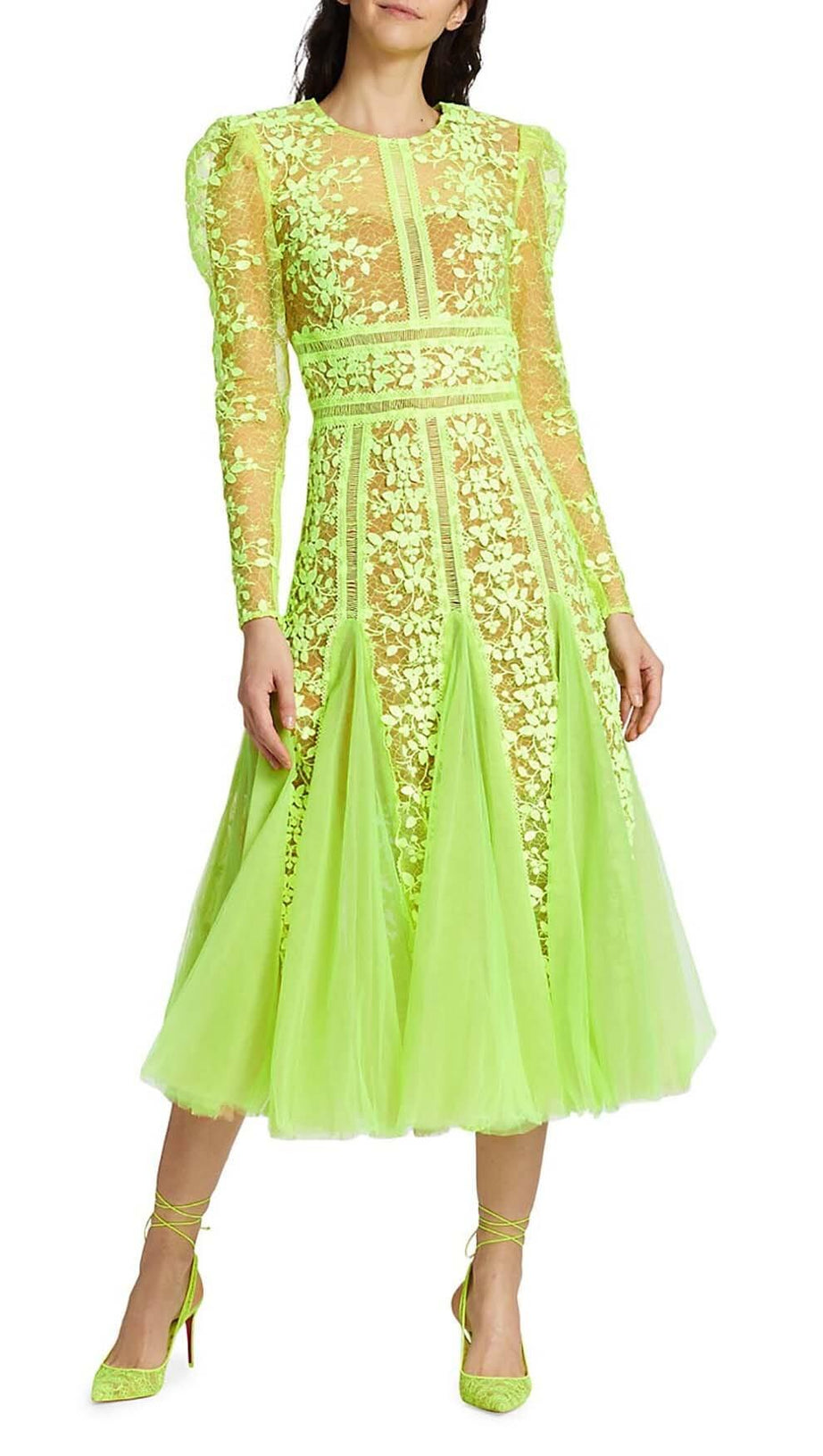 LACE PLATED MIDI DRESS IN GREEN