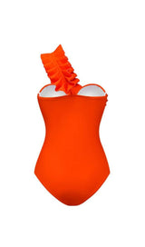 ONE SHOULDER RUFFLE ONE PIECE ORANGE SWIMSUIT