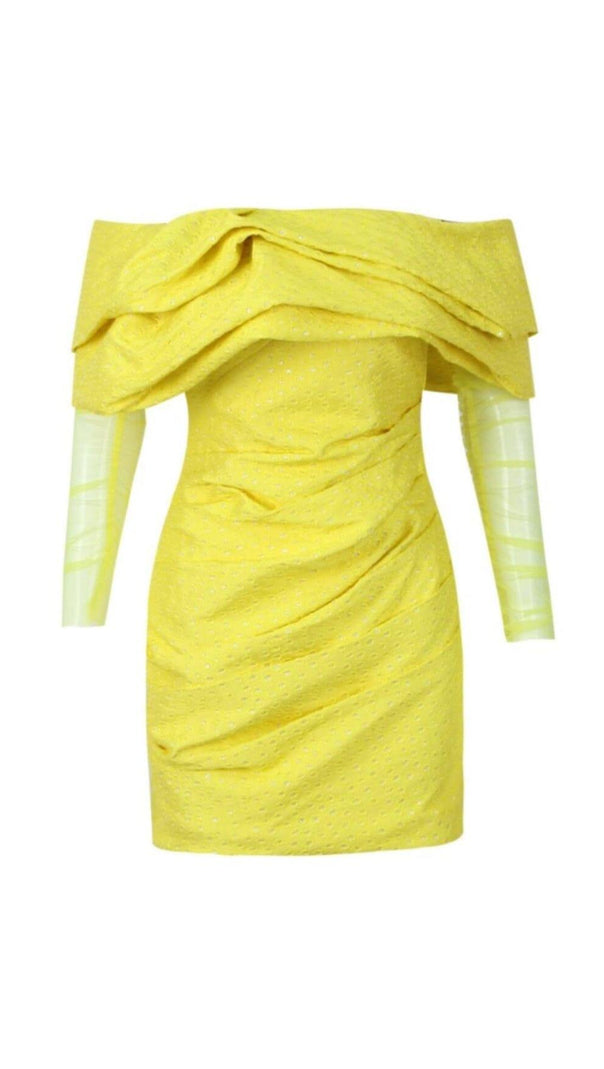 AIIZIE YELLOW OFF SHOULDER RUCHED MESH MINI DRESS - product image