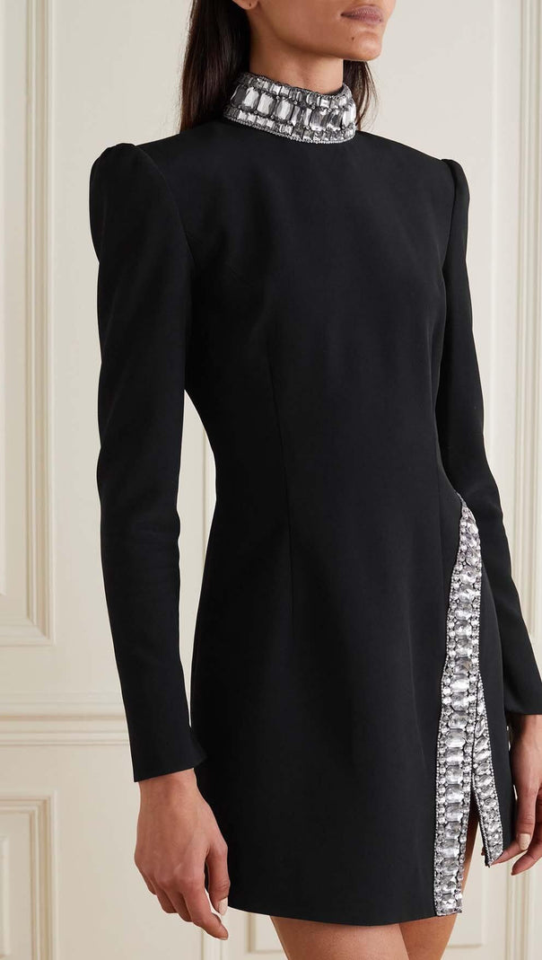 AIIZIE LONG-SLEEVE CRYSTAL TRIM MINI DRESS IN BLACK - product image