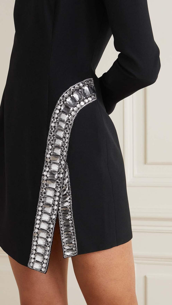 AIIZIE LONG-SLEEVE CRYSTAL TRIM MINI DRESS IN BLACK - product image