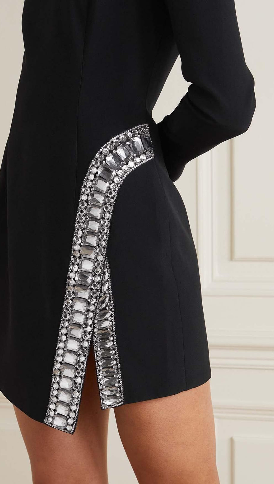 LONG-SLEEVE CRYSTAL TRIM MINI DRESS IN BLACK