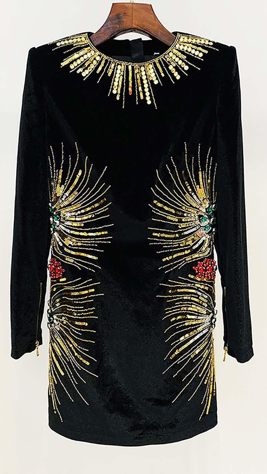 LONG-SLEEVE EMBELLISHED MINI DRESS IN BLACK