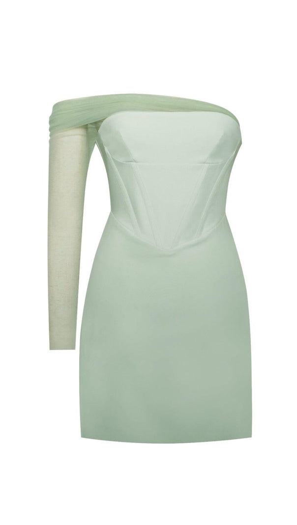 AIIZIE MINT SHEER MESH SLEEVE CREPE CORSET DRESS - product image