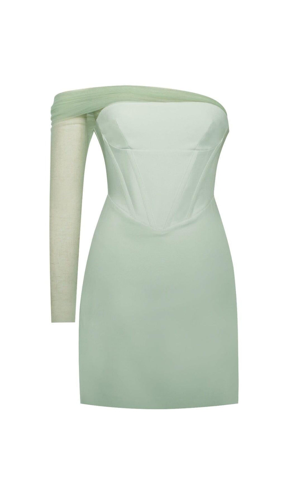 ABITO CORSETTO IN CREPE CON MANICHE IN RETE TRASPARENTE MENTA