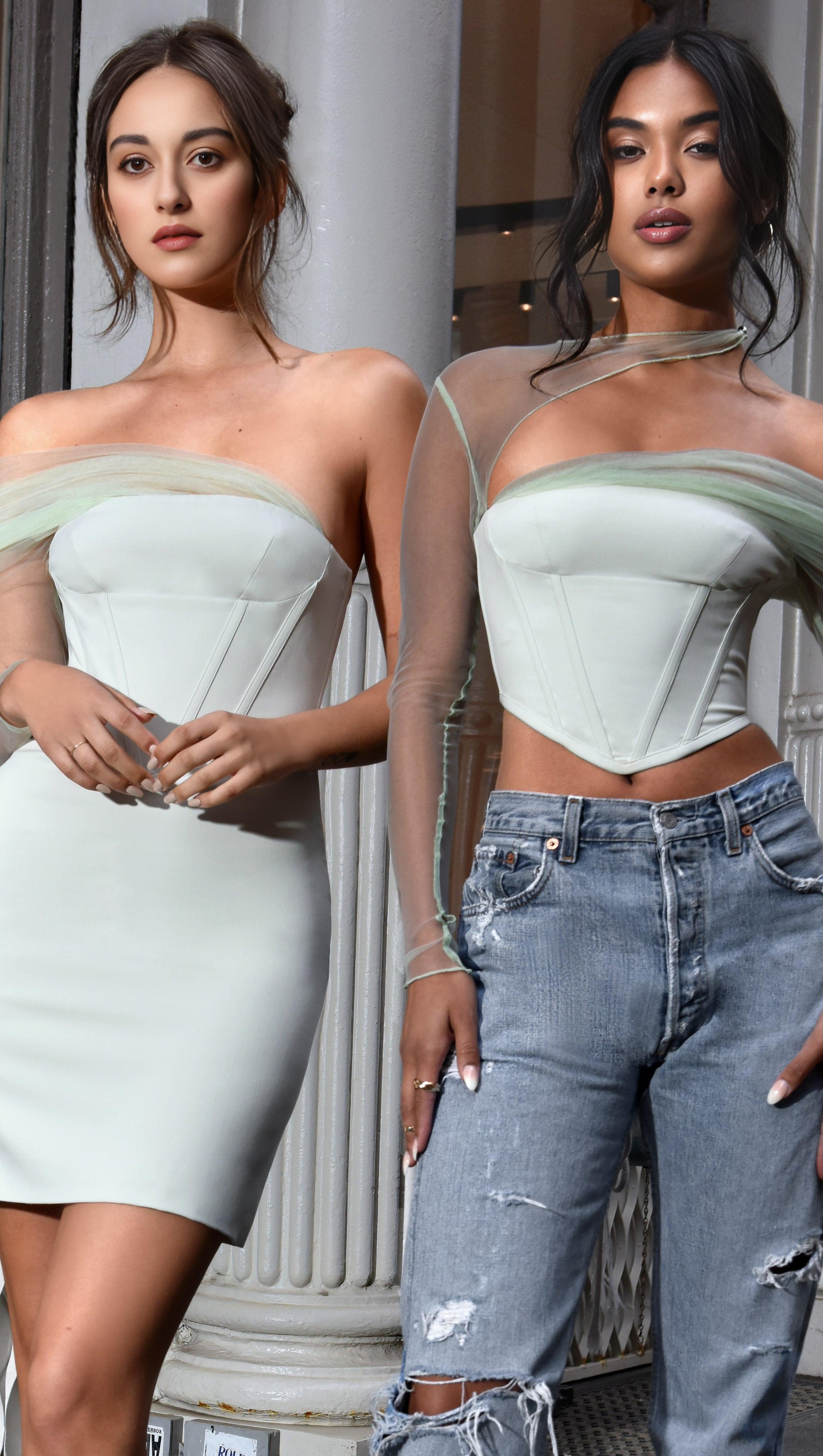 MINT SHEER MESH SLEEVE CREPE CORSET DRESS