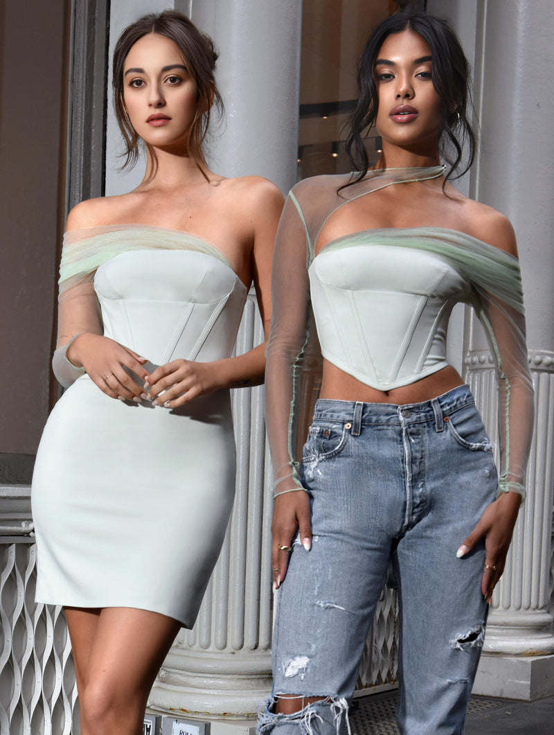 MINT SHEER MESH SLEEVE CREPE CORSET DRESS