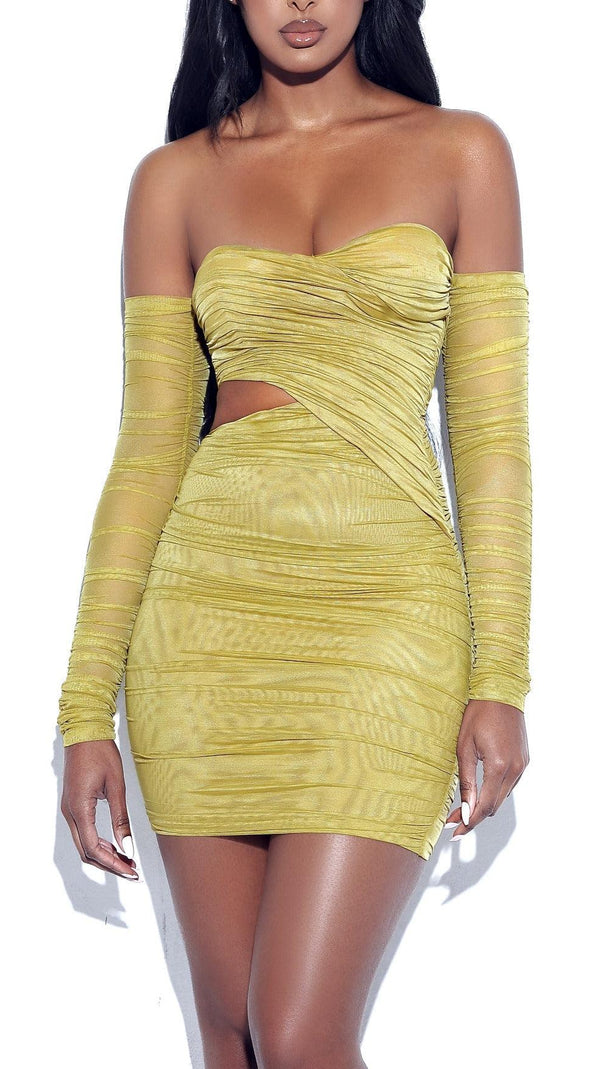 AIIZIE MUSTARD OFF SHOULDER MESH CUTOUT DRESS - product image