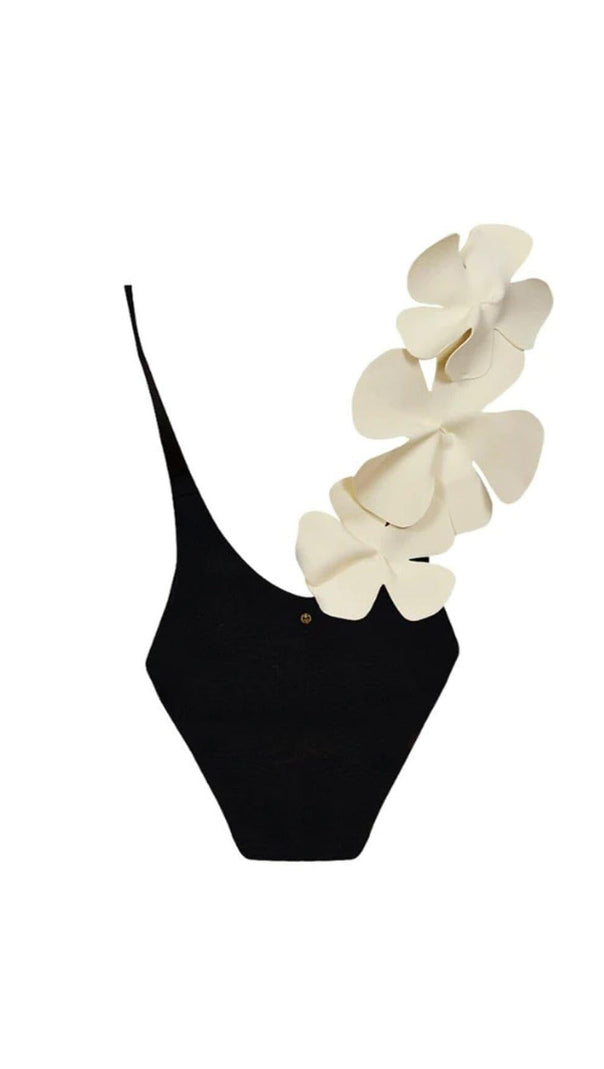 Rückenfreier Badeanzug mit Blumendekor in Schwarz