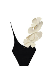 FLOWER DECOR BACKLESS ONE PIECE SWIMSUIT IN BLACK