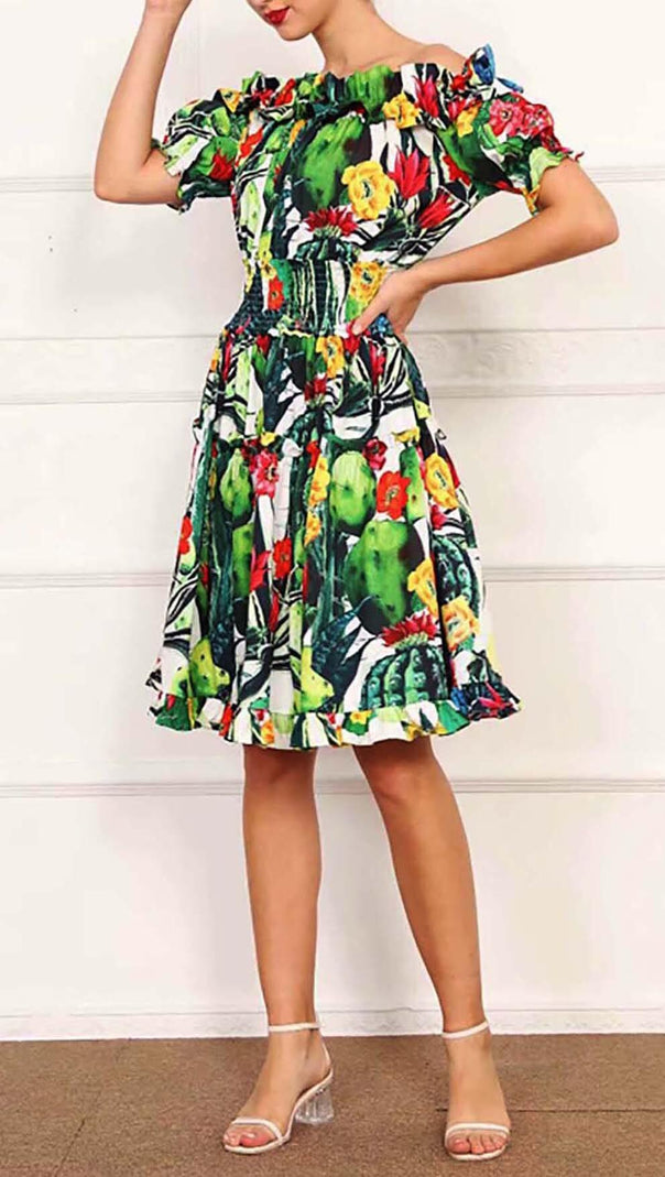 AIIZIE ONE SHOULDER CACTUS MINI DRESS IN GREEN - product image