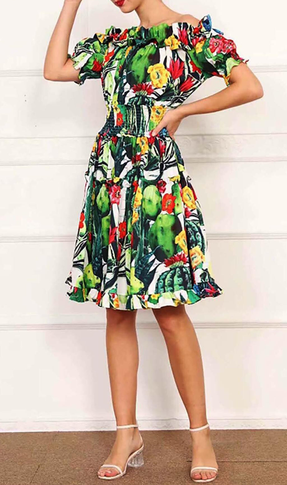 ONE SHOULDER CACTUS MINI DRESS IN GREEN