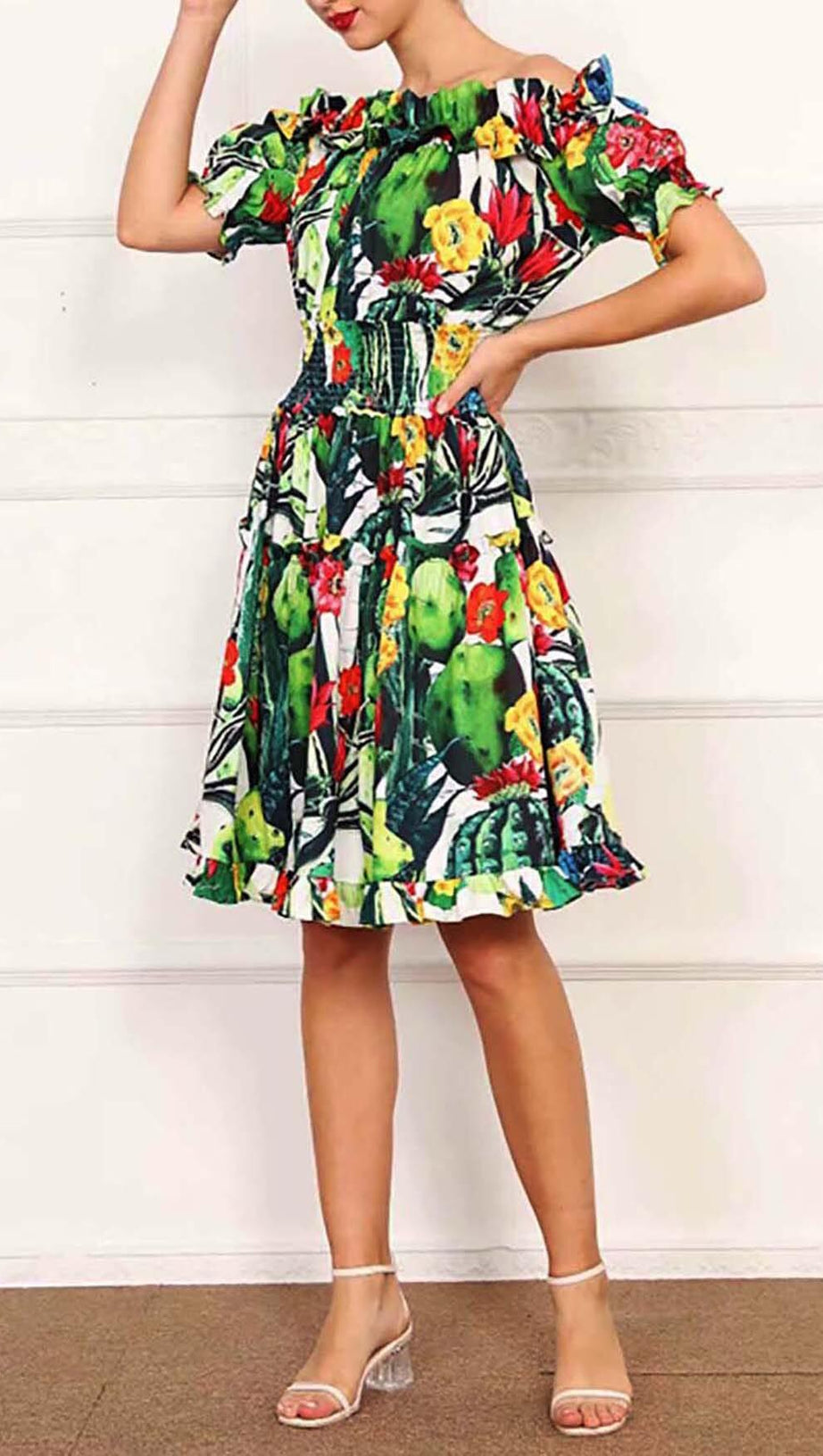 ONE SHOULDER CACTUS MINI DRESS IN GREEN