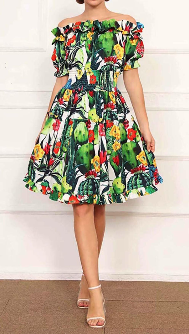 AIIZIE ONE SHOULDER CACTUS MINI DRESS IN GREEN - product image