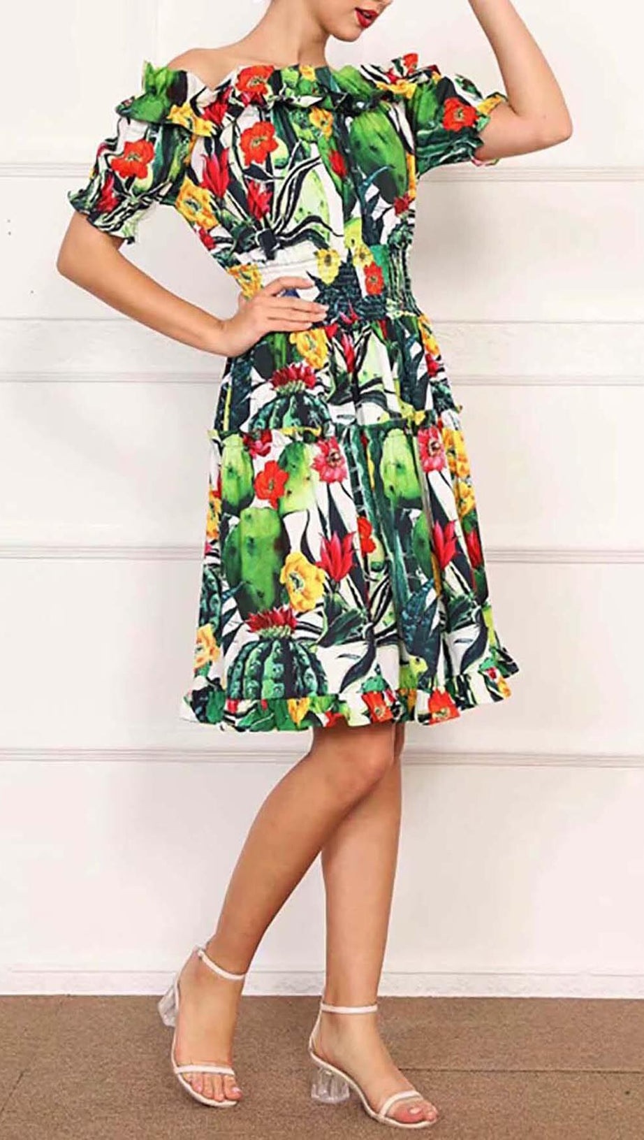 ONE SHOULDER CACTUS MINI DRESS IN GREEN