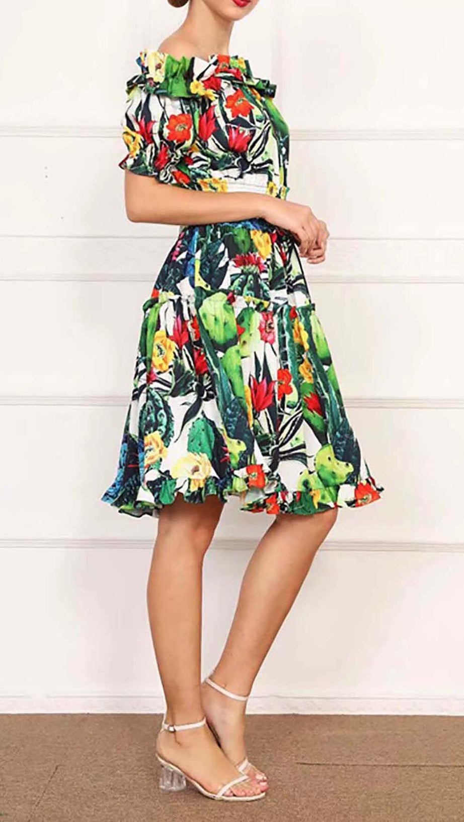 ONE SHOULDER CACTUS MINI DRESS IN GREEN