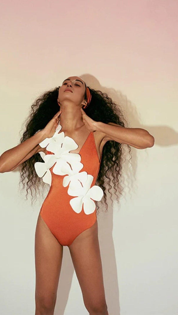AIIZIE FLOWER DECOR BACKLESS ONE PIECE SWIMSUIT IN ORANGE - product image