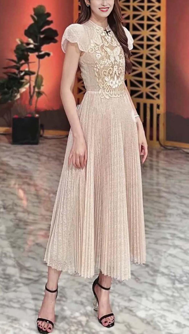 AIIZIE PLEATED EMBROIDERY MIDI DRESS IN BEIGE - product image