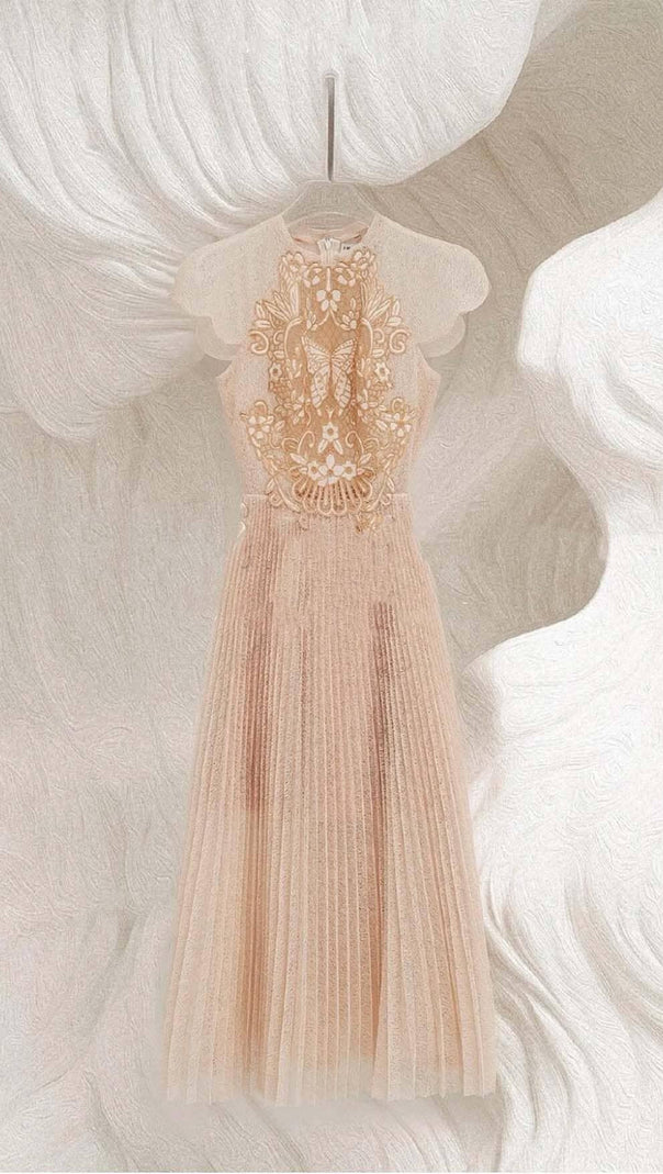 AIIZIE PLEATED EMBROIDERY MIDI DRESS IN BEIGE - product image