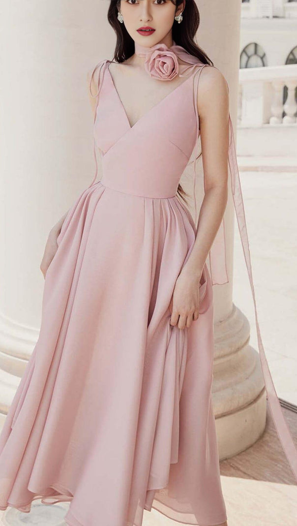 AIIZIE PLEATED FLARE BOTTOMING MIDI DRESS IN PINK - product image