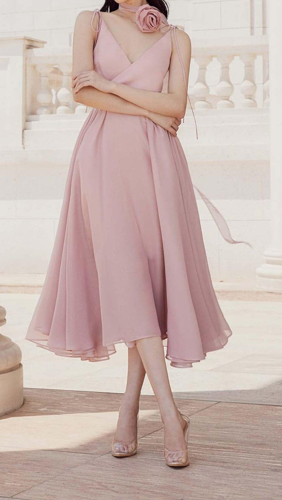 PLEATED FLARE BOTTOMING MIDI DRESS IN PINK