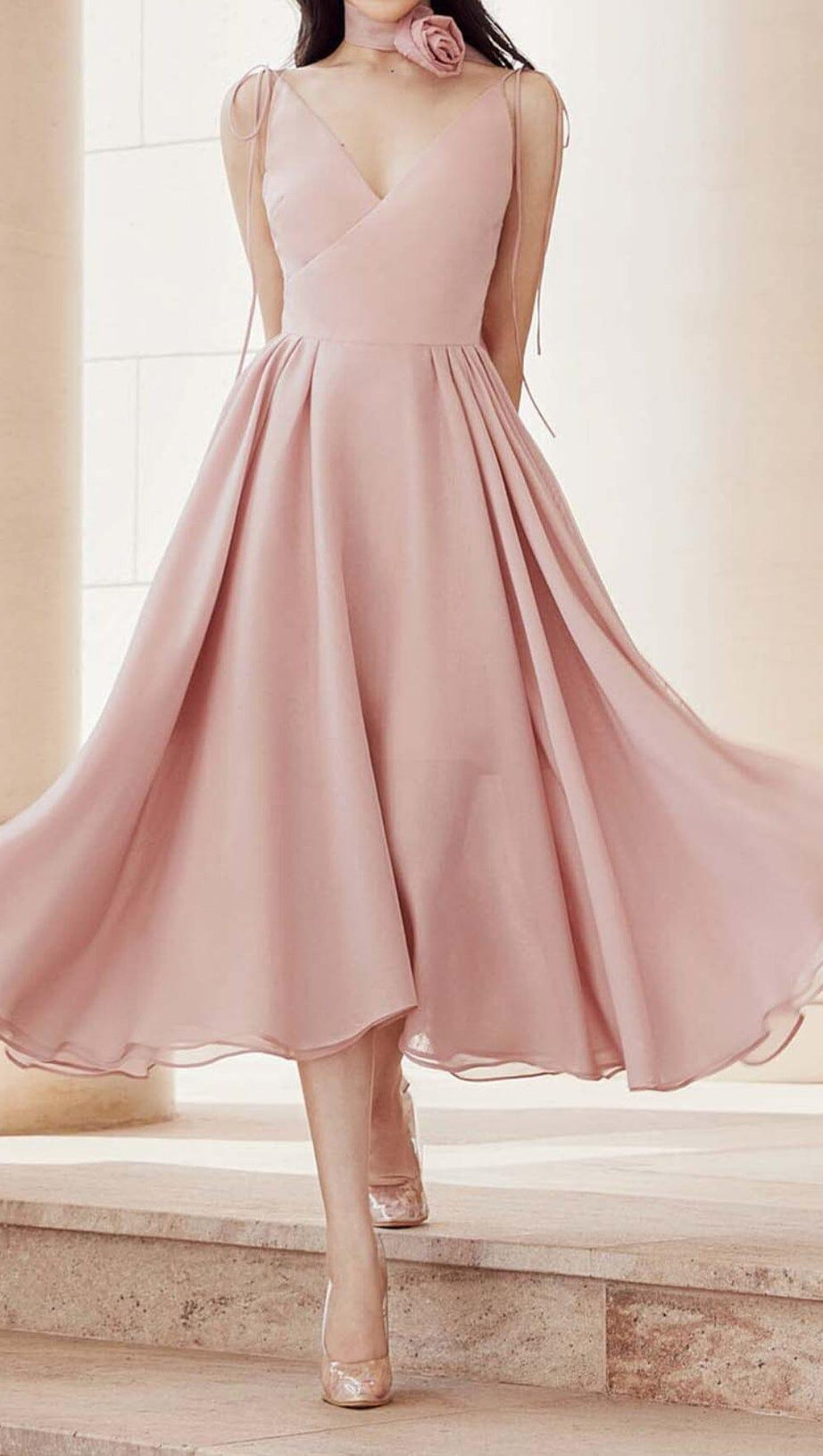 PLEATED FLARE BOTTOMING MIDI DRESS IN PINK