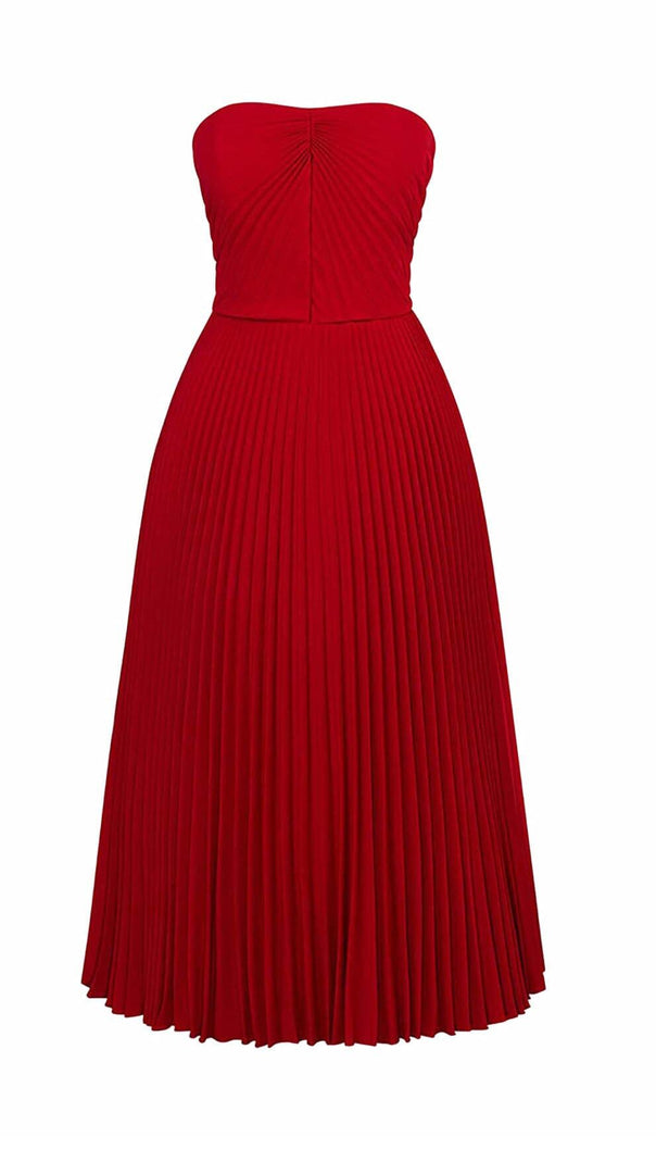 AIIZIE PLEATED STRAPLESS MIDI DRESS IN WINE RED - product image