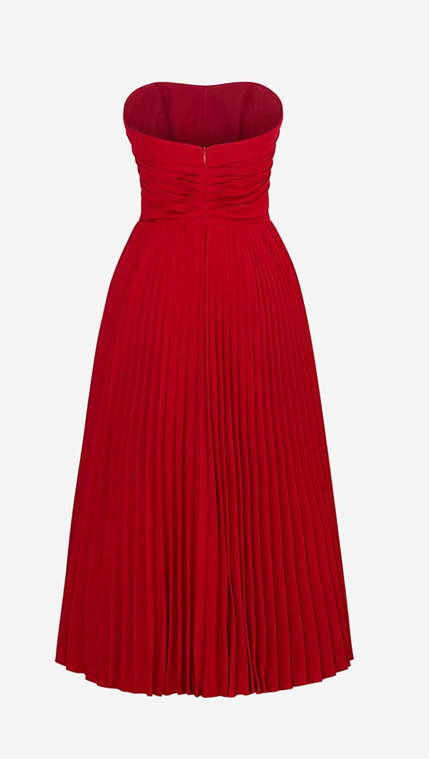 AIIZIE PLEATED STRAPLESS MIDI DRESS IN WINE RED - product image