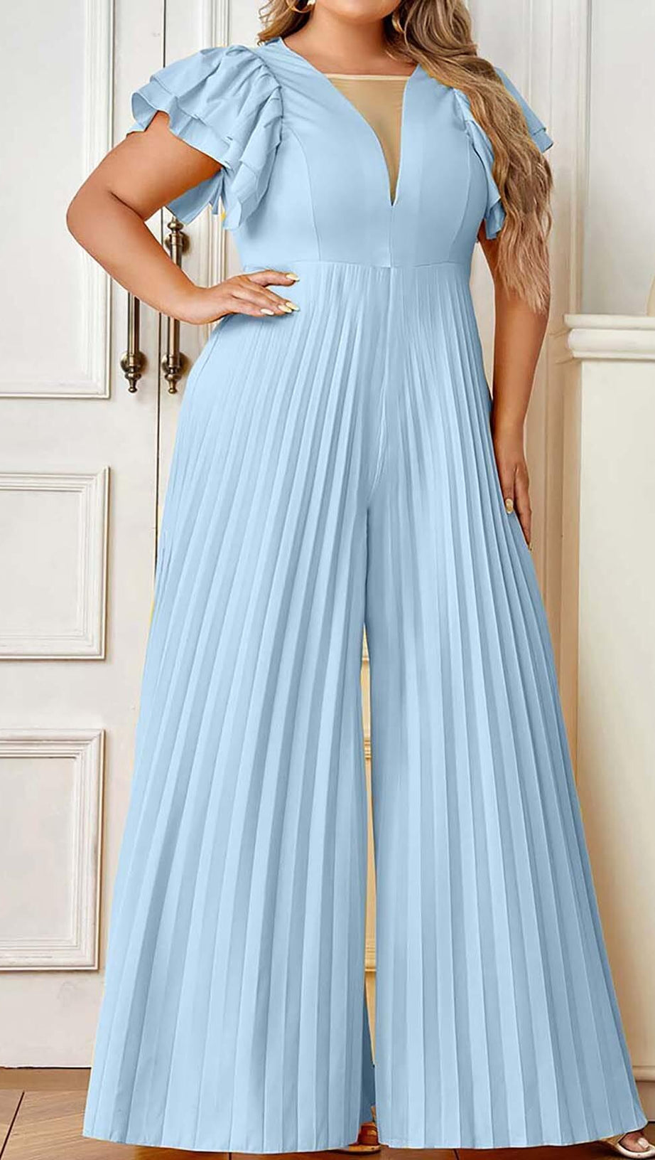 PLUNGE PLATED MAXI DRESS IN BLUE