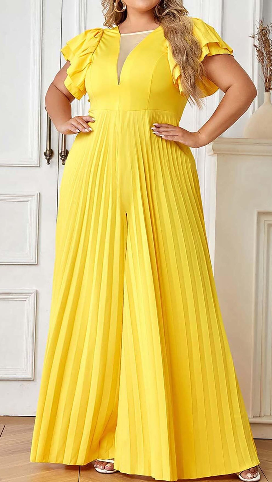 PLUNGE PLATED MAXI DRESS IN YELLOW