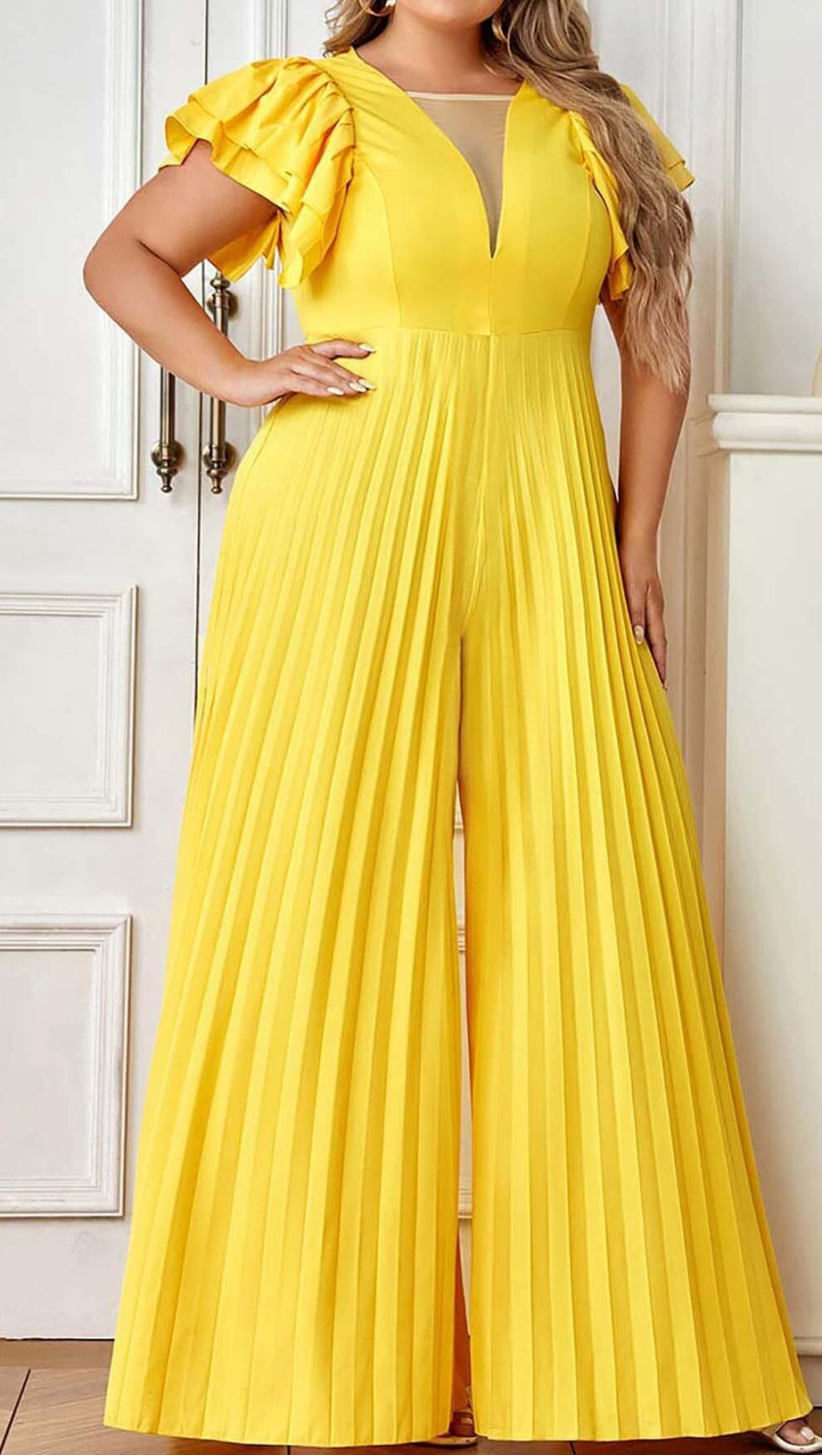 PLUNGE PLATED MAXI DRESS IN YELLOW