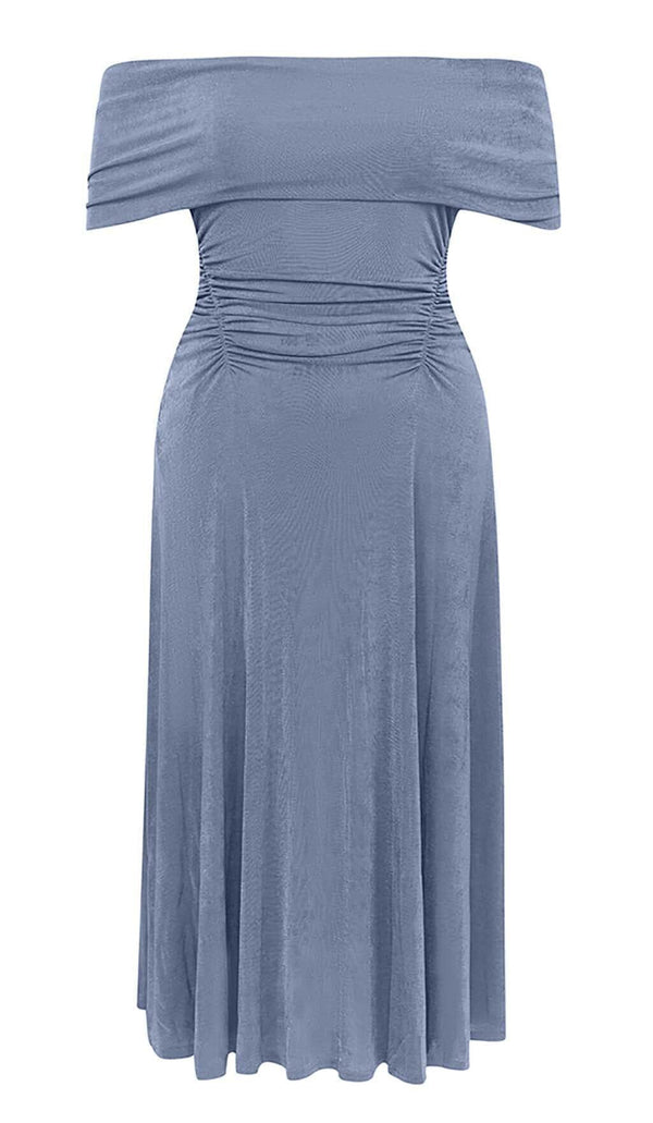 PLUS OFF SHOULDER MIDI DRESS IN BLUE