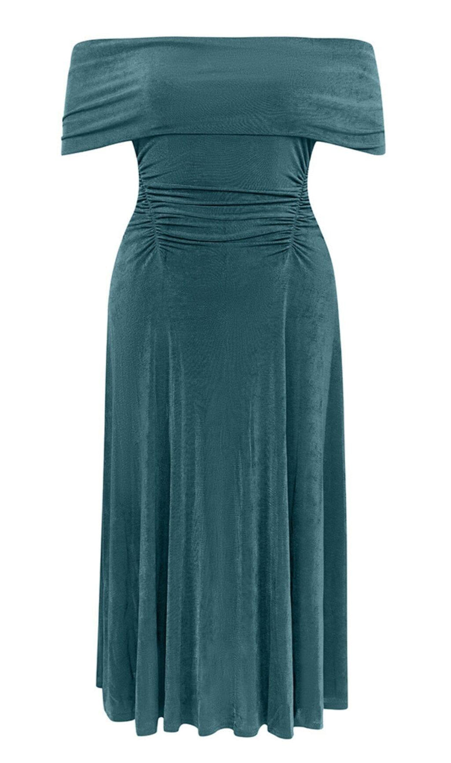 PLUS OFF SHOULDER MIDI DRESS IN GREEN