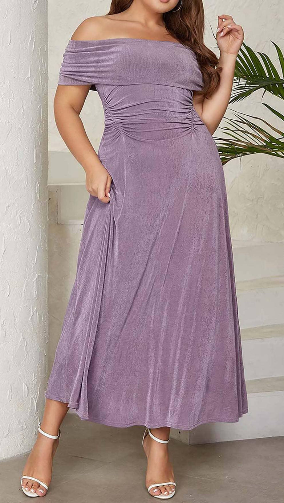 PLUS OFF SHOULDER MIDI DRESS IN PURPLE