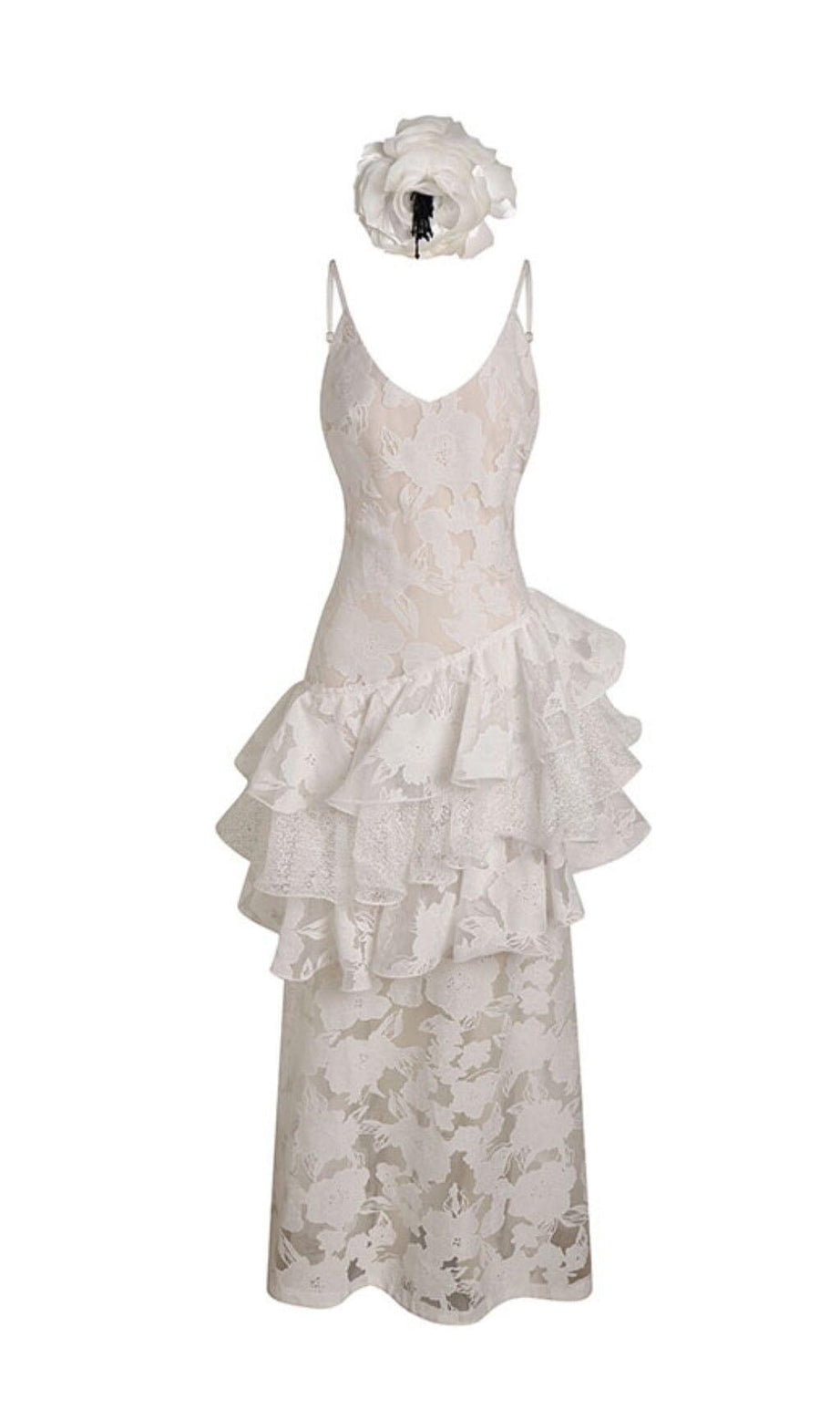 SLEEVELESS FLORAL TIERED LACE MAXI DRESS