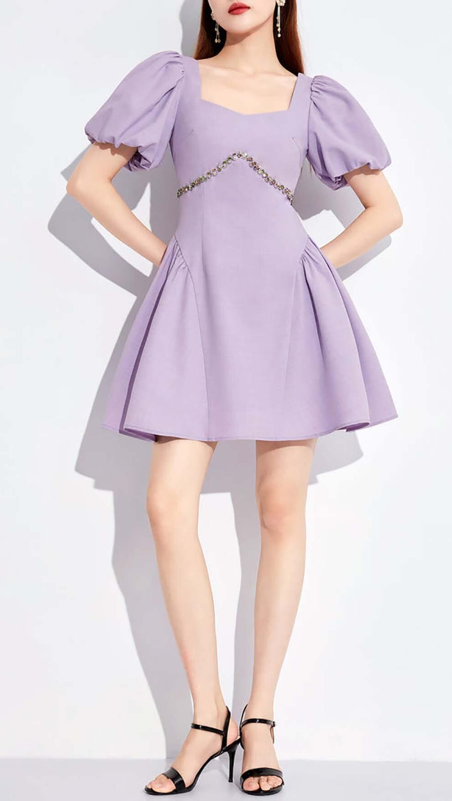 PUFF SLEEVES WAIST-TIGHTENING MINI DRESS IN LILAC