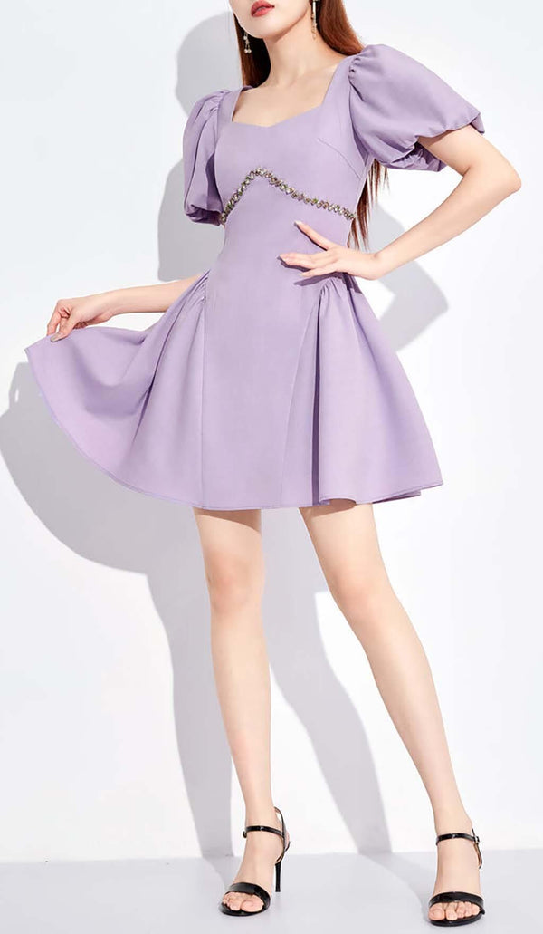 PUFF SLEEVES WAIST-TIGHTENING MINI DRESS IN LILAC