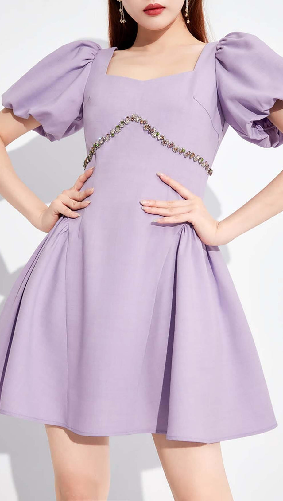 PUFF SLEEVES WAIST-TIGHTENING MINI DRESS IN LILAC