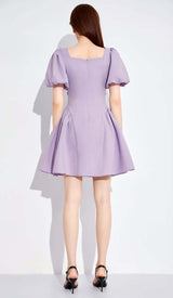 PUFF SLEEVES WAIST-TIGHTENING MINI DRESS IN LILAC