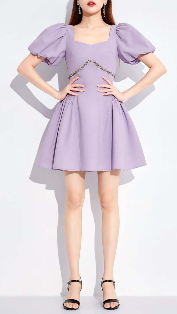 AIIZIE PUFF SLEEVES WAIST-TIGHTENING MINI DRESS IN LILAC - product image