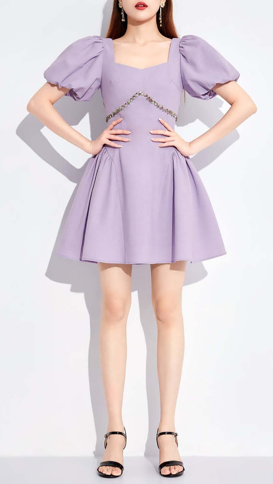 PUFF SLEEVES WAIST-TIGHTENING MINI DRESS IN LILAC