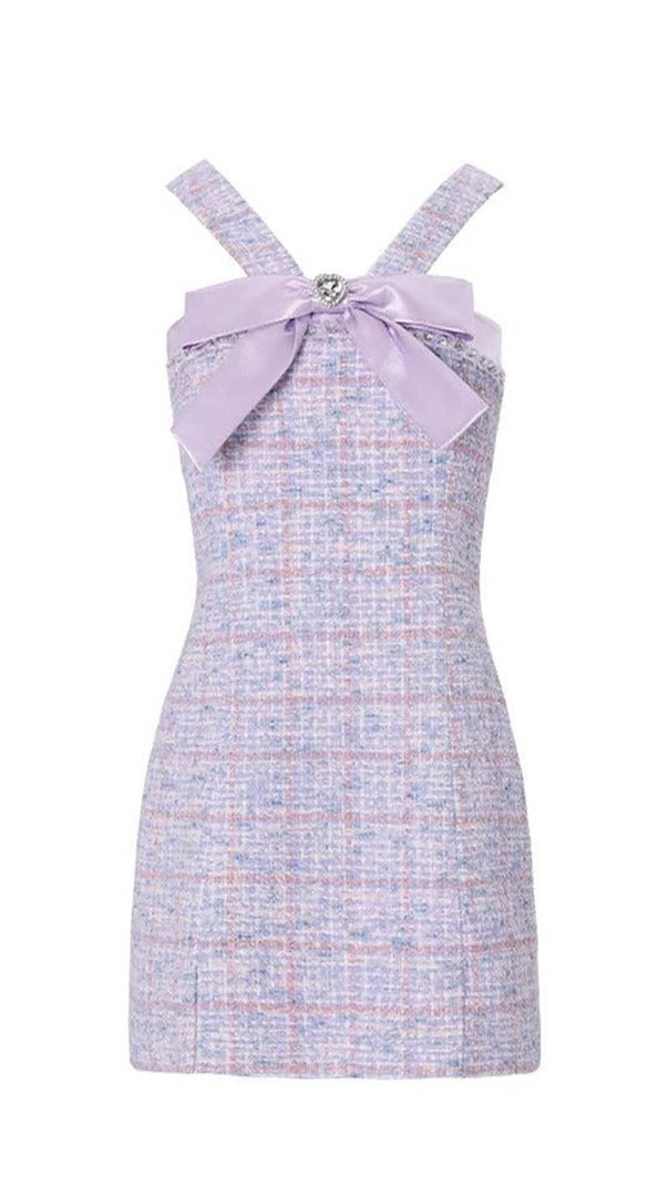 AIIZIE RHINESTONE BOWTIE TWEED MINI DRESS IN PURPLE - product image