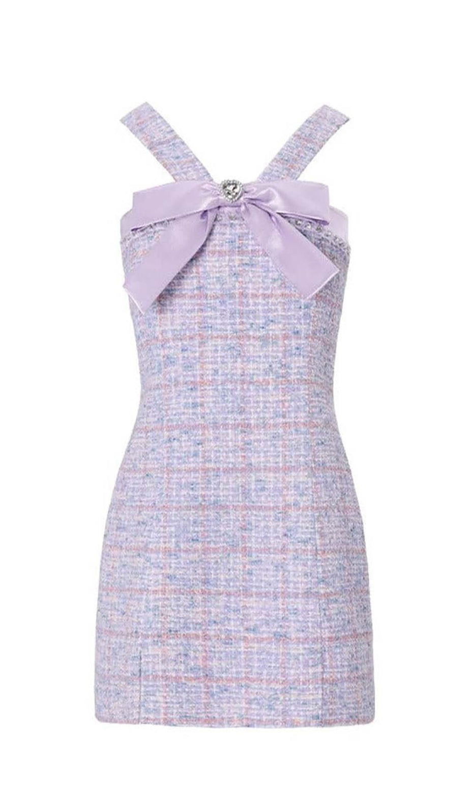 RHINESTONE BOWTIE TWEED MINI DRESS IN PURPLE
