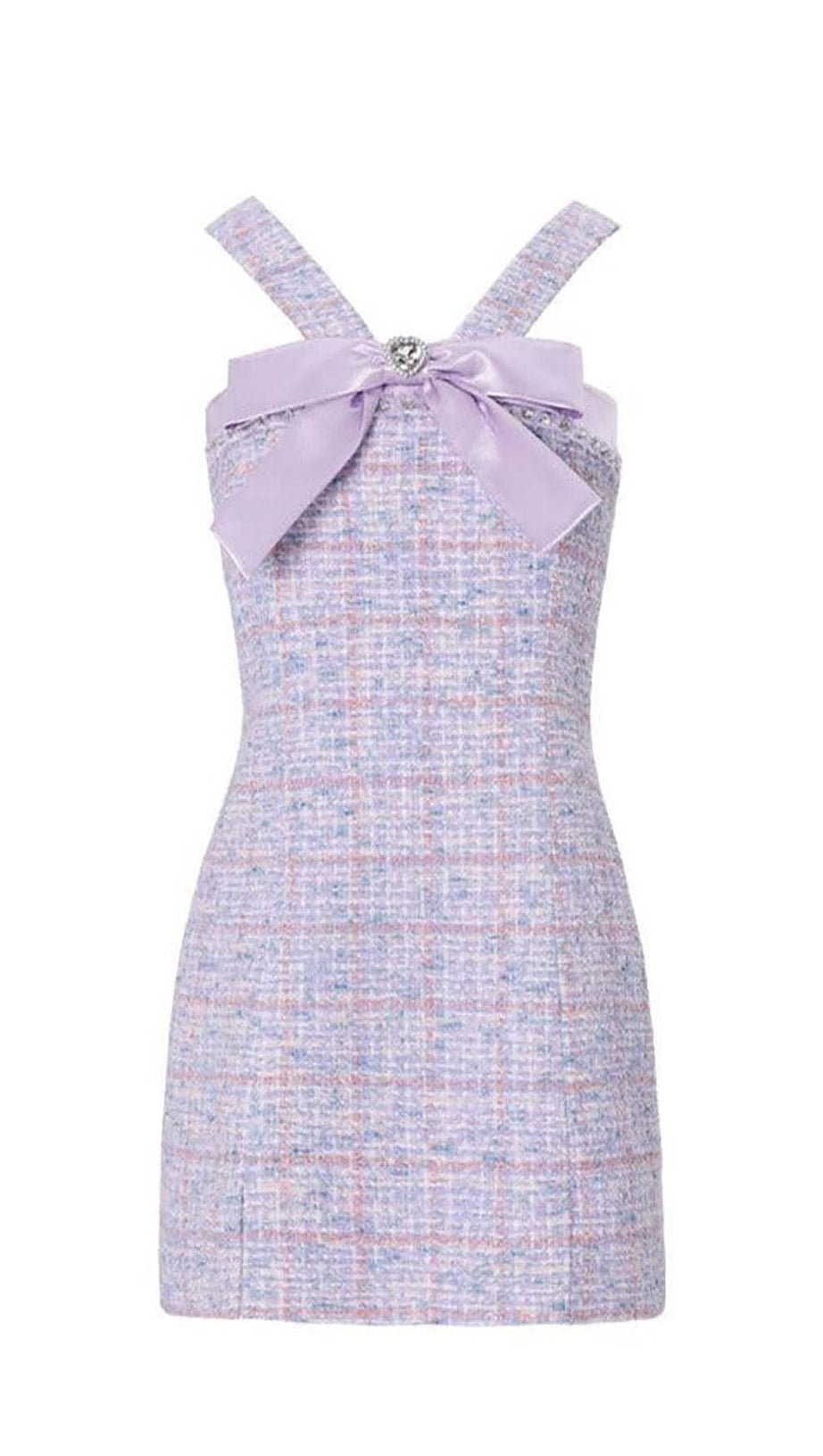 RHINESTONE BOWTIE TWEED MINI DRESS IN PURPLE